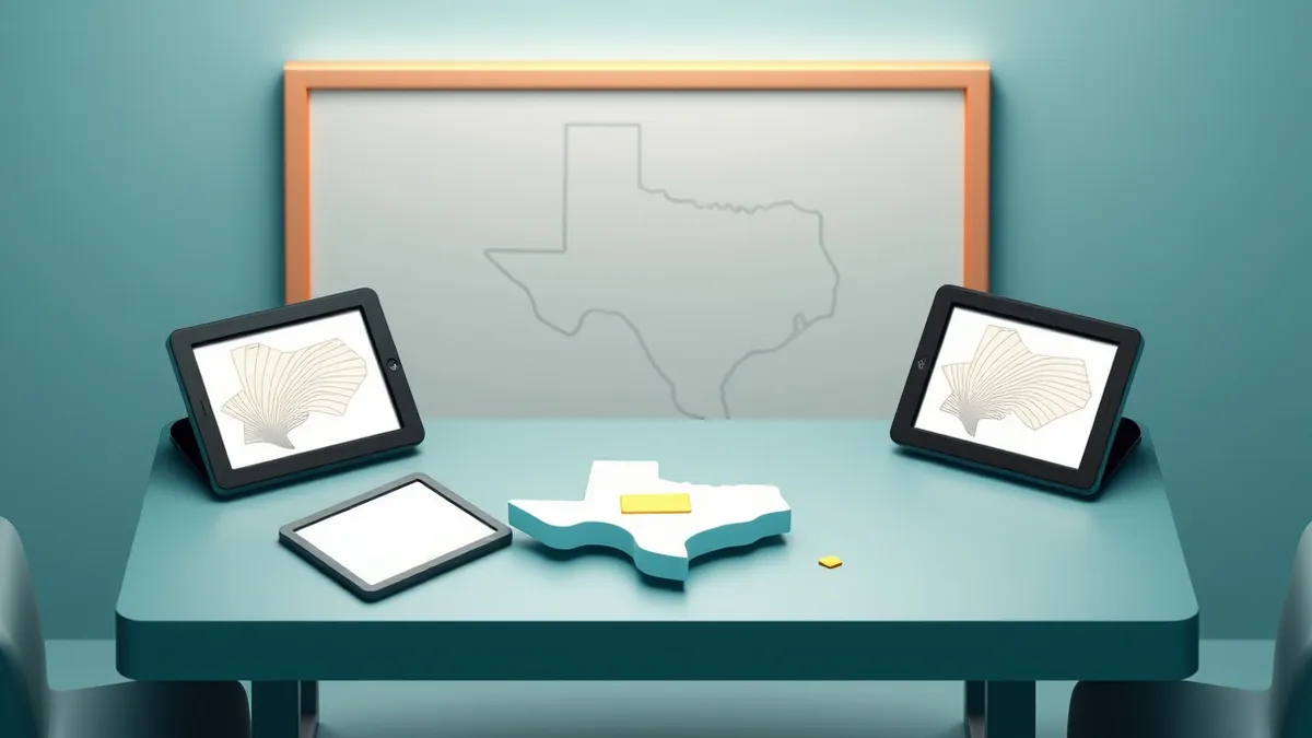Illustration: A sleek silicon wafer rests on a sterile metal table beside a large map of Texas.