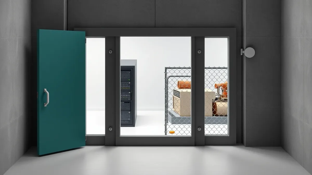 Illustration: A heavy steel door separates two distinct industrial zones.