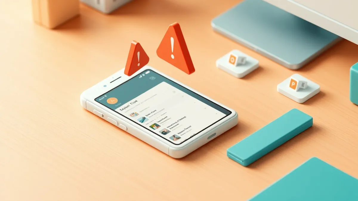 Illustration: A white smartphone rests on a clean wooden desk, its screen displaying a blank app store interface with empty search results.
