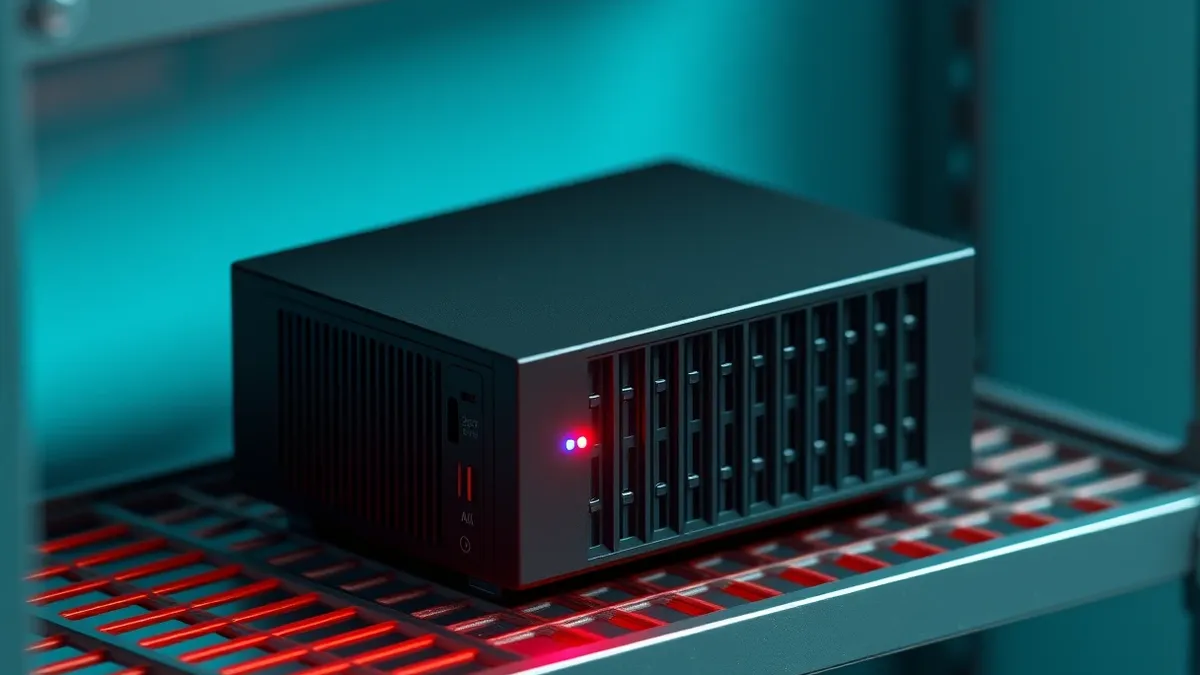 Illustration: A sleek black firewall appliance sits on a metal shelf, its front panel displaying rows of tiny LED lights.