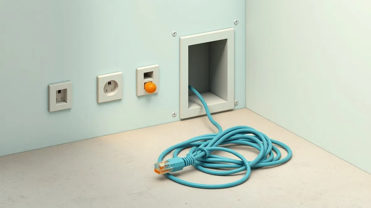 Illustration: A tangled bundle of ethernet cables sits loosely coiled on a dusty concrete floor, leading to a row of empty wall sockets.