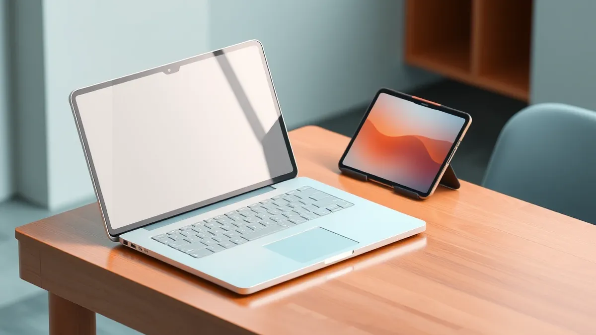 Illustration: A sleek silver laptop with a reflective, frameless touchscreen rests on a polished wooden table.