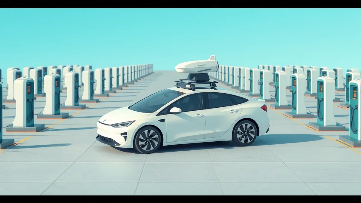 Illustration: A sleek white autonomous sedan with a prominent roof-mounted sensor pod sits idle on a clean concrete lot.