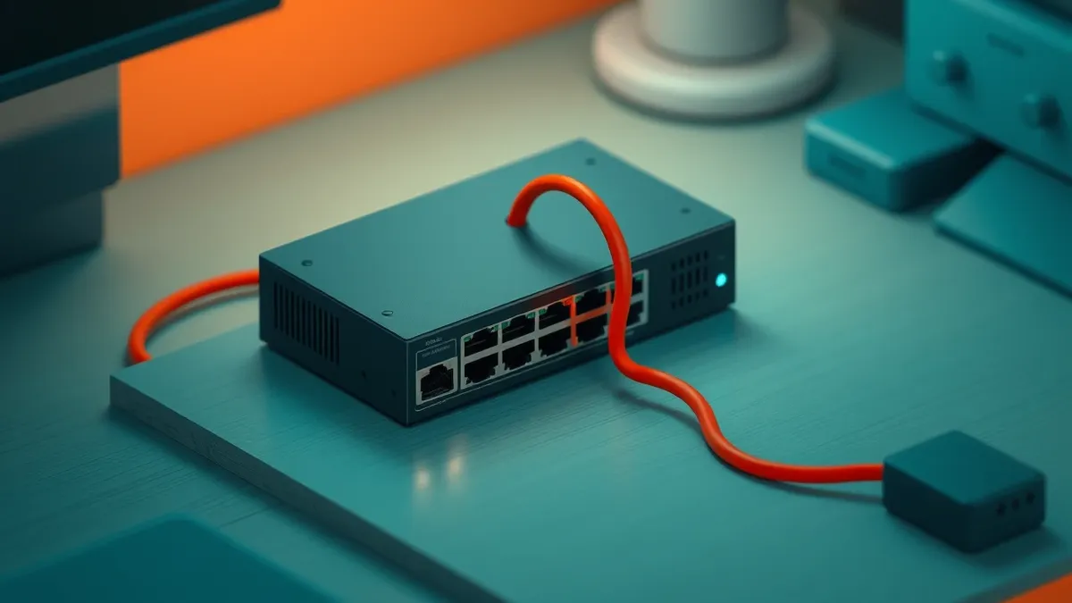 Illustration: A sleek black network switch sits on a wooden desk.