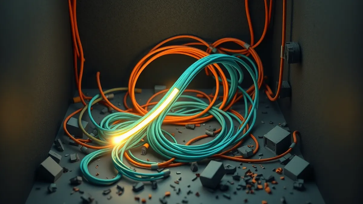 Illustration: A tangled nest of fiber optic cables transforms into a single glowing stream of light.
