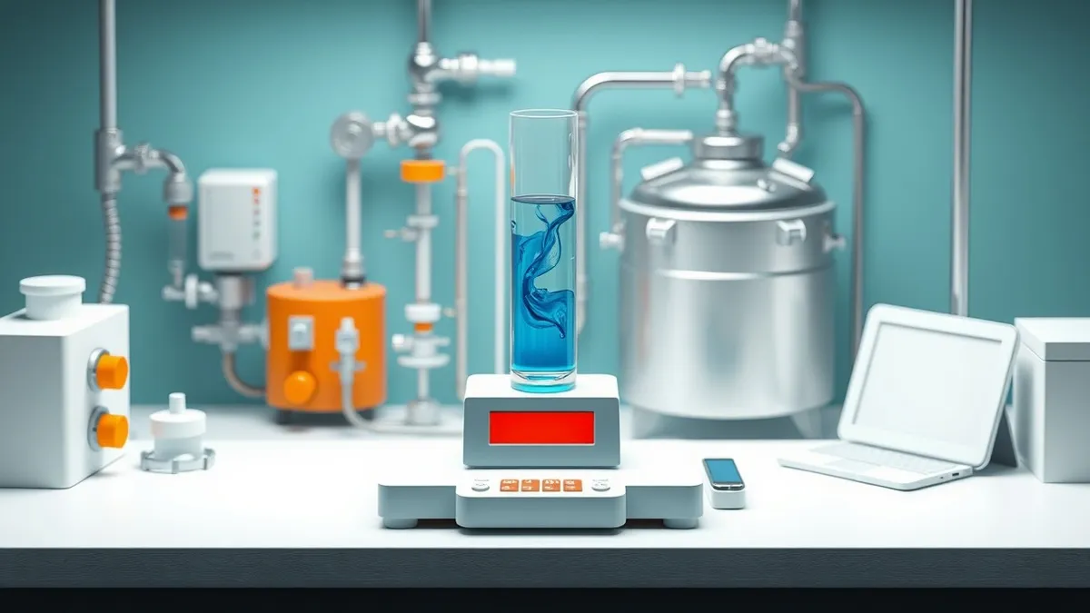 Illustration: A clean white laboratory bench holds a single transparent glass test tube containing swirling blue liquid, balanced precariously on a digital scale with a blank red d