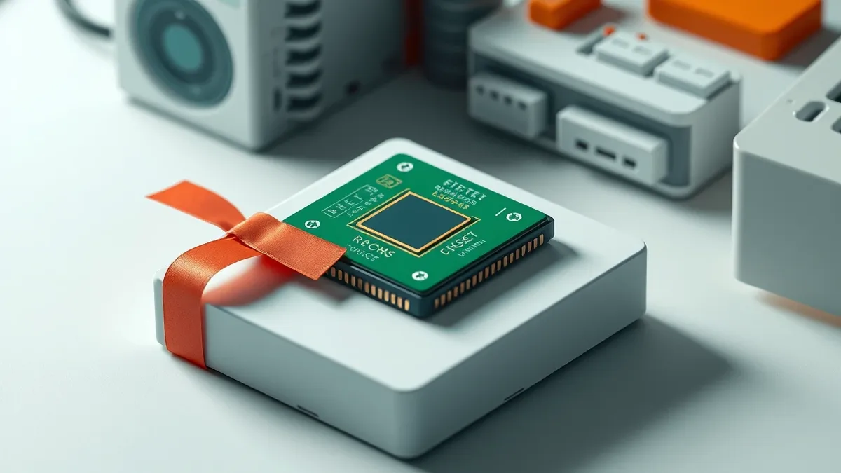 Illustration: A single green computer chip rests on a sterile white workbench.
