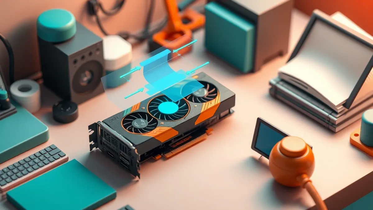 Illustration: A desktop graphics card sits on a clean workbench with a digital overlay hovering above its circuit board.