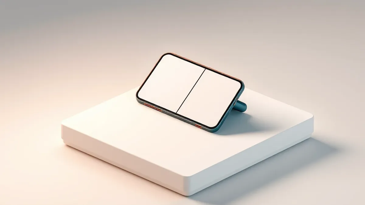 Illustration: A sleek foldable smartphone rests on a clean white surface, its screen fully unfolded to reveal two bright panels.