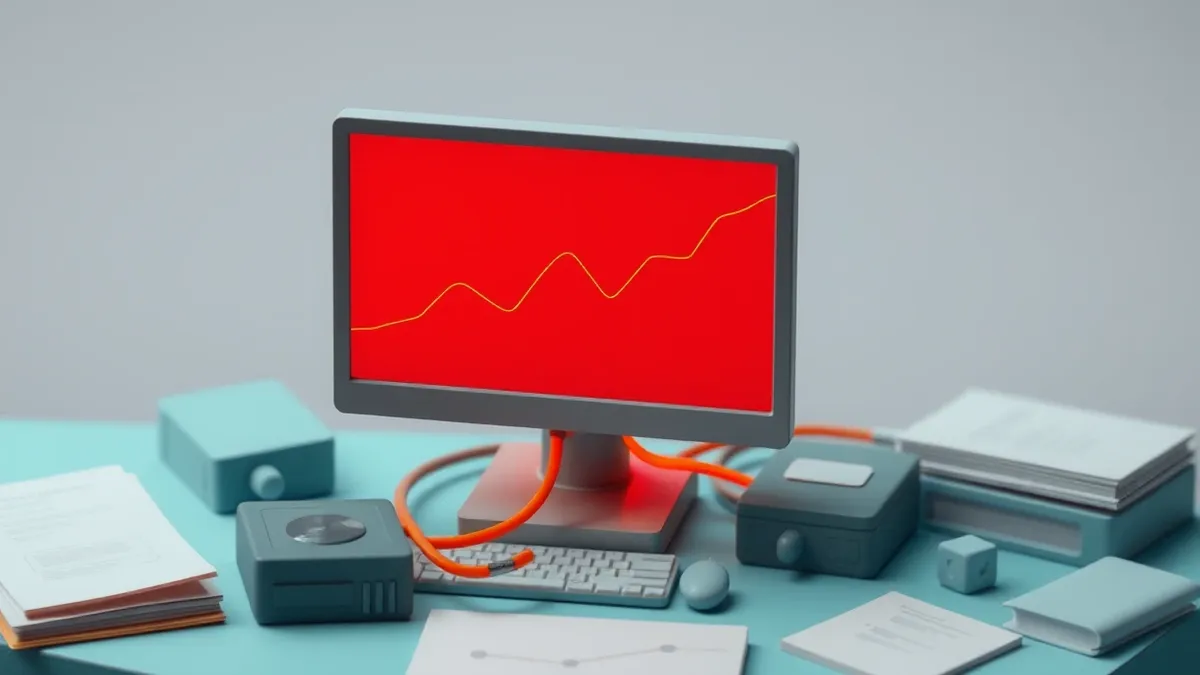 Illustration: A blank monitor sits on a cluttered desk, its screen displaying a smooth, rising line graph in red.