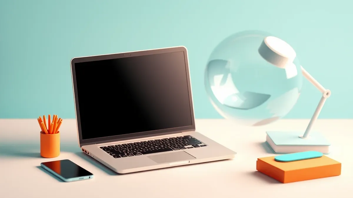 Illustration: A sleek laptop sits on a clean desk, its screen displaying only simple abstract geometric shapes.