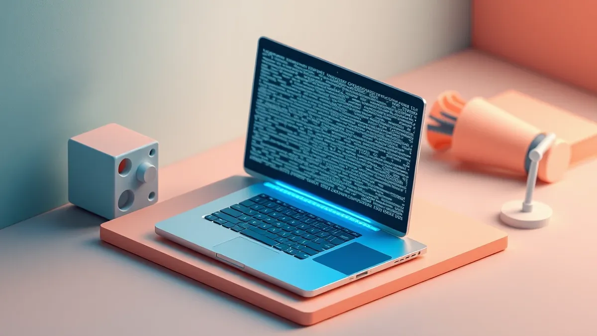 Illustration: A sleek silver laptop sits on a clean desk with its screen displaying a dense block of abstract gray code lines.