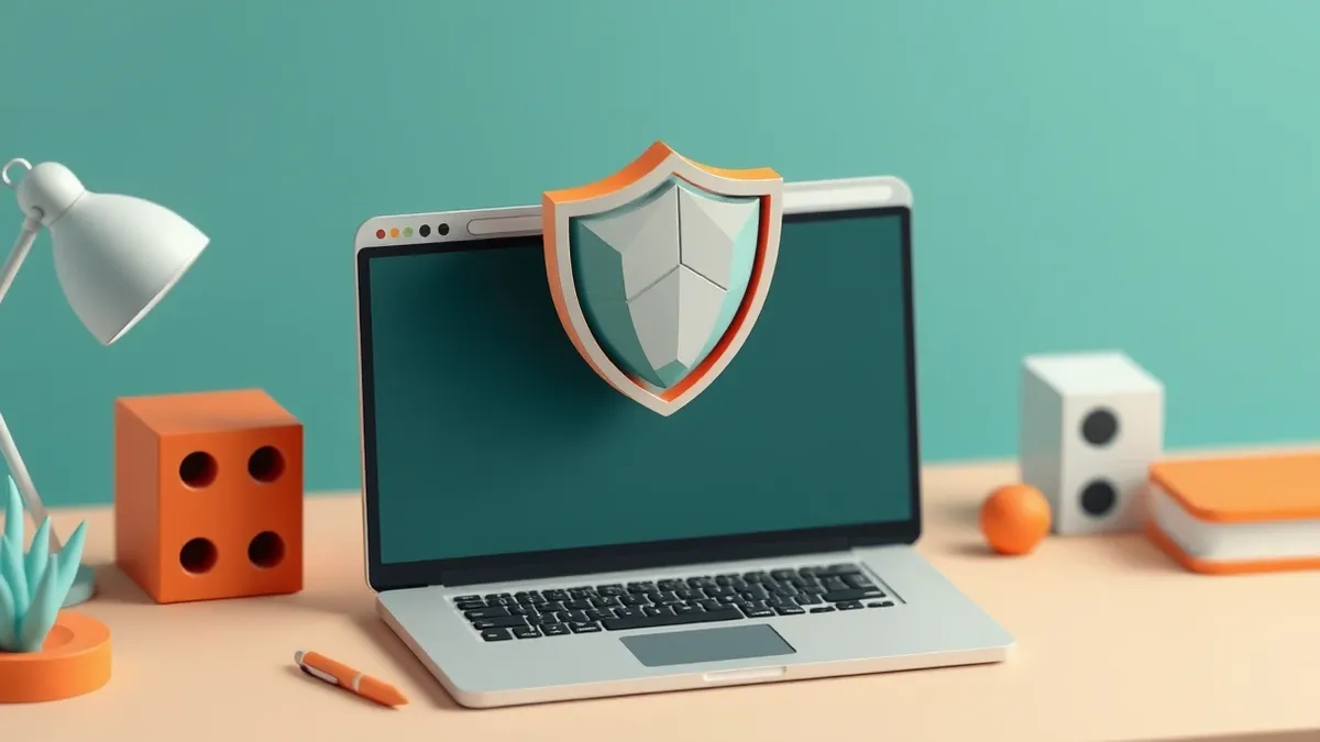 Illustration: A sleek web browser window sits open on a clean desk, its interface displaying only abstract geometric shapes.