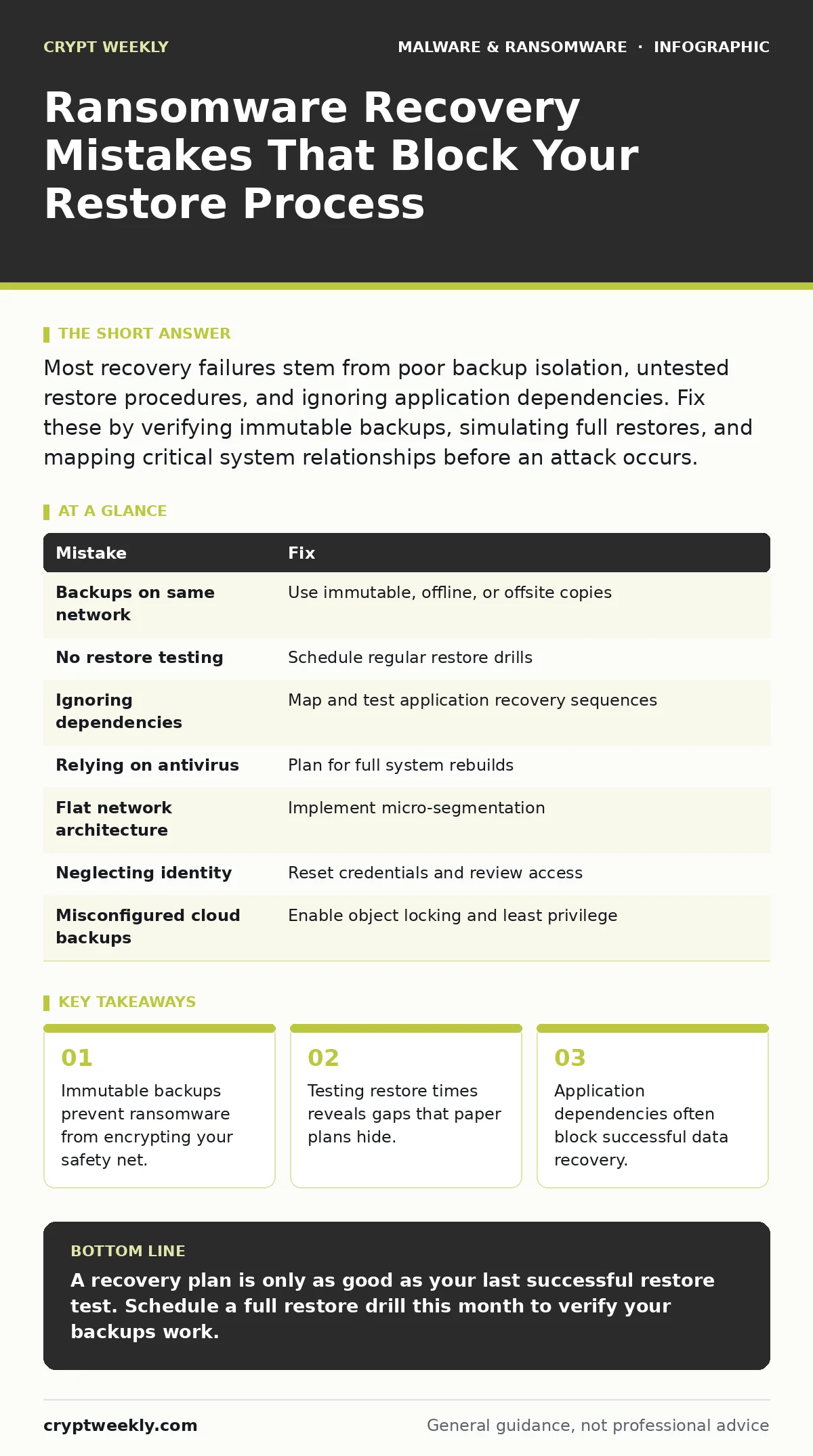 Infographic: Ransomware Recovery Mistakes That Block Your Restore Process. Immutable backups prevent ransomware from encrypting your safety net. Testing restore times reveals gaps that paper plans hide. Application dependencies often block successful data recovery.