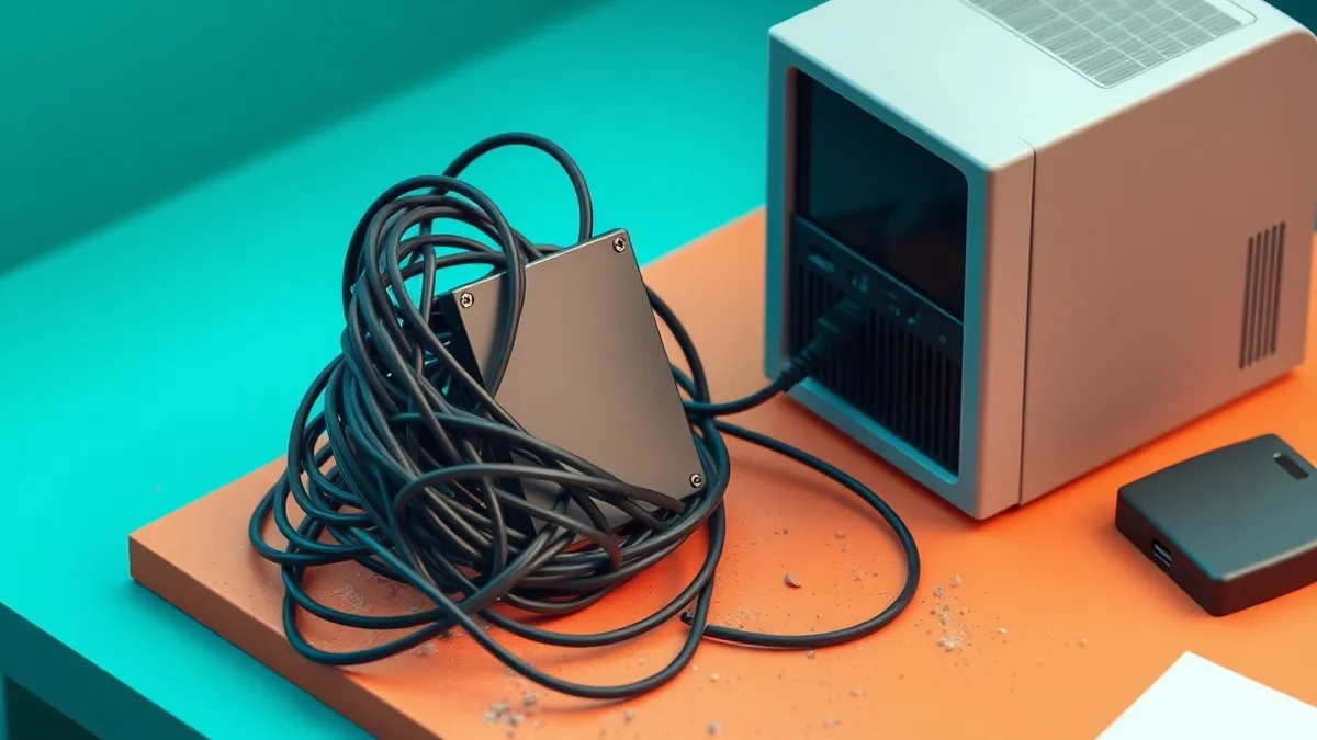 Illustration: A tangled ball of black cables sits beside a blank external hard drive on a dusty desk.