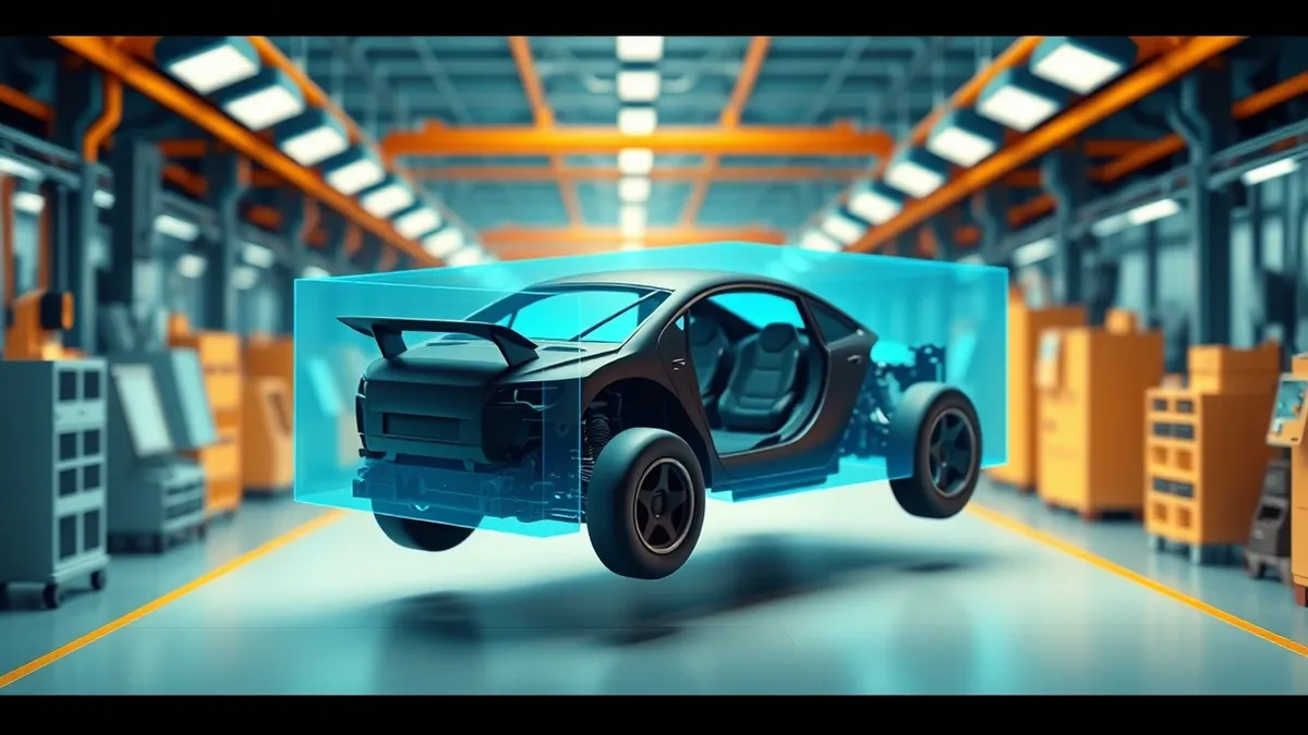 Illustration: A sleek black car chassis floats in a bright industrial workshop, overlaid with a translucent blue wireframe that mirrors its shape exactly, representing a digital tw
