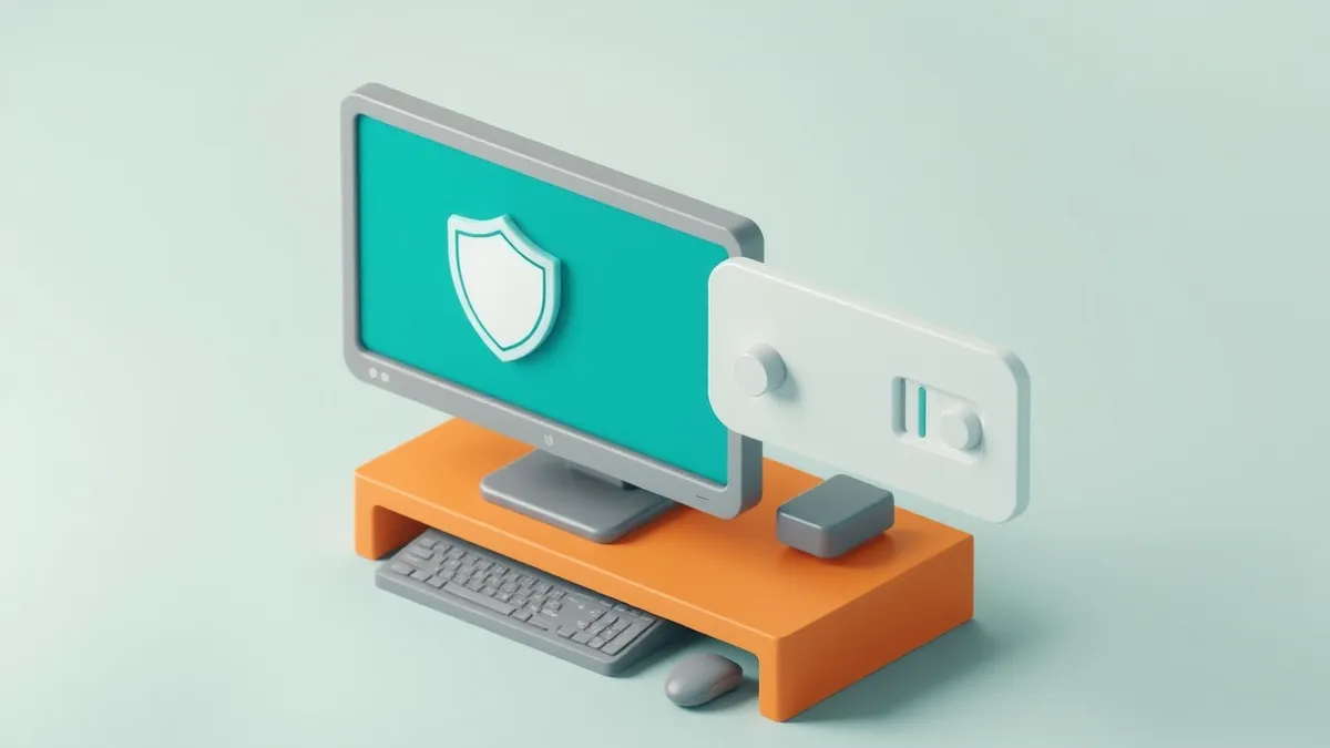 Illustration: A small office desk holds a generic desktop computer with its monitor displaying a clean, abstract shield icon.