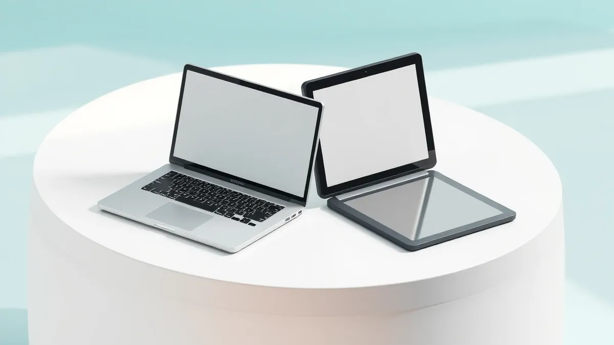 Illustration: A sleek silver laptop and a black tablet rest side by side on a polished white table.