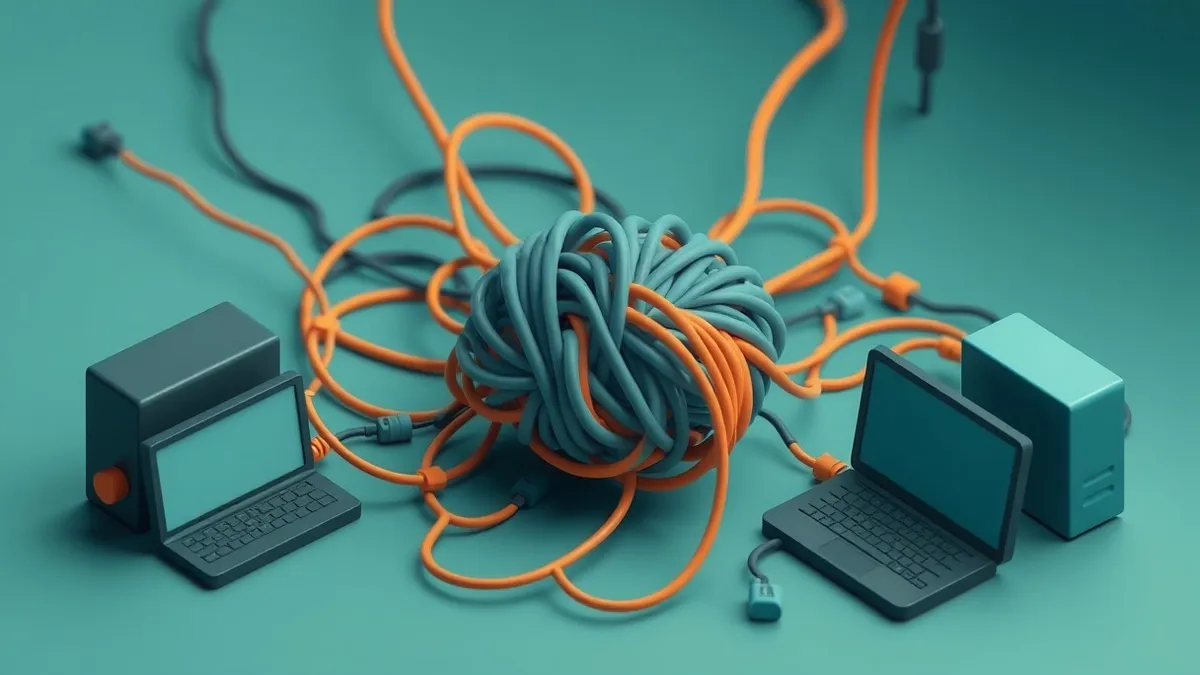 Illustration: A tangled knot of digital threads snaps in the middle, causing the connected network lines to go dark and inactive.