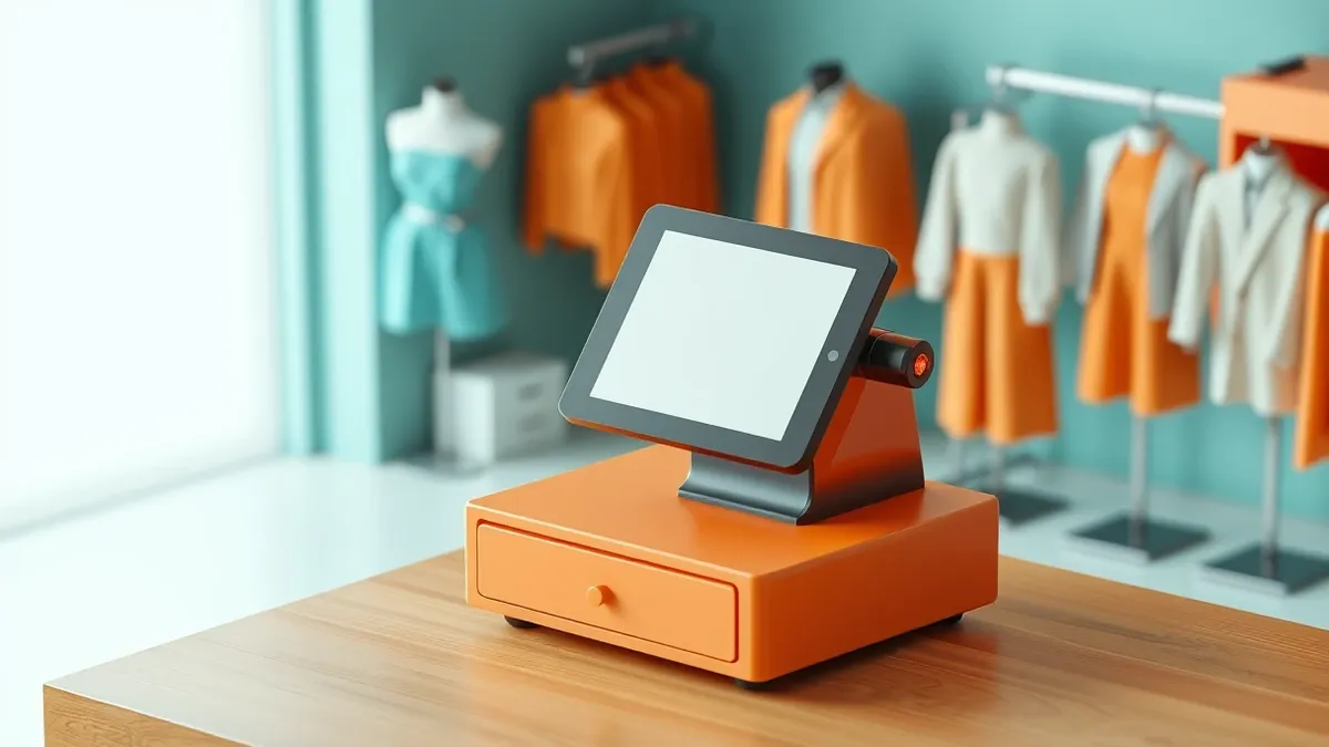 Illustration: A sleek retail cash register sits on a polished wooden counter, its blank screen facing forward.