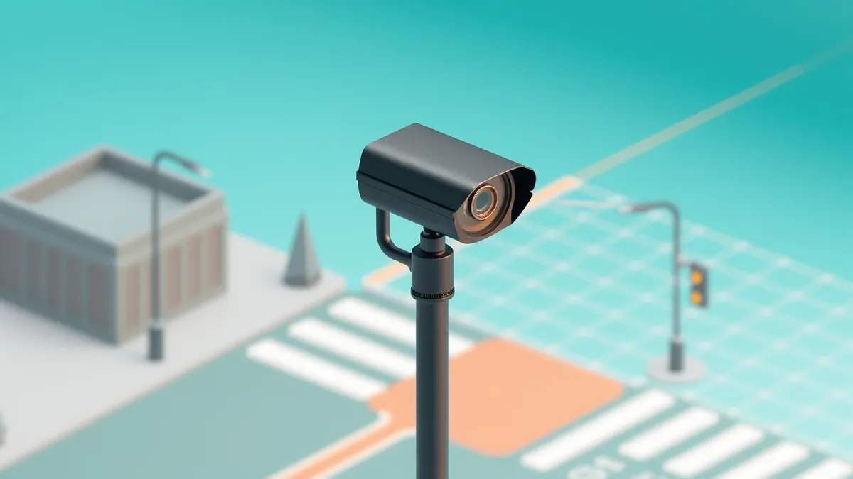 Illustration: A sleek black traffic camera mounted on a metal pole captures a quiet city intersection.