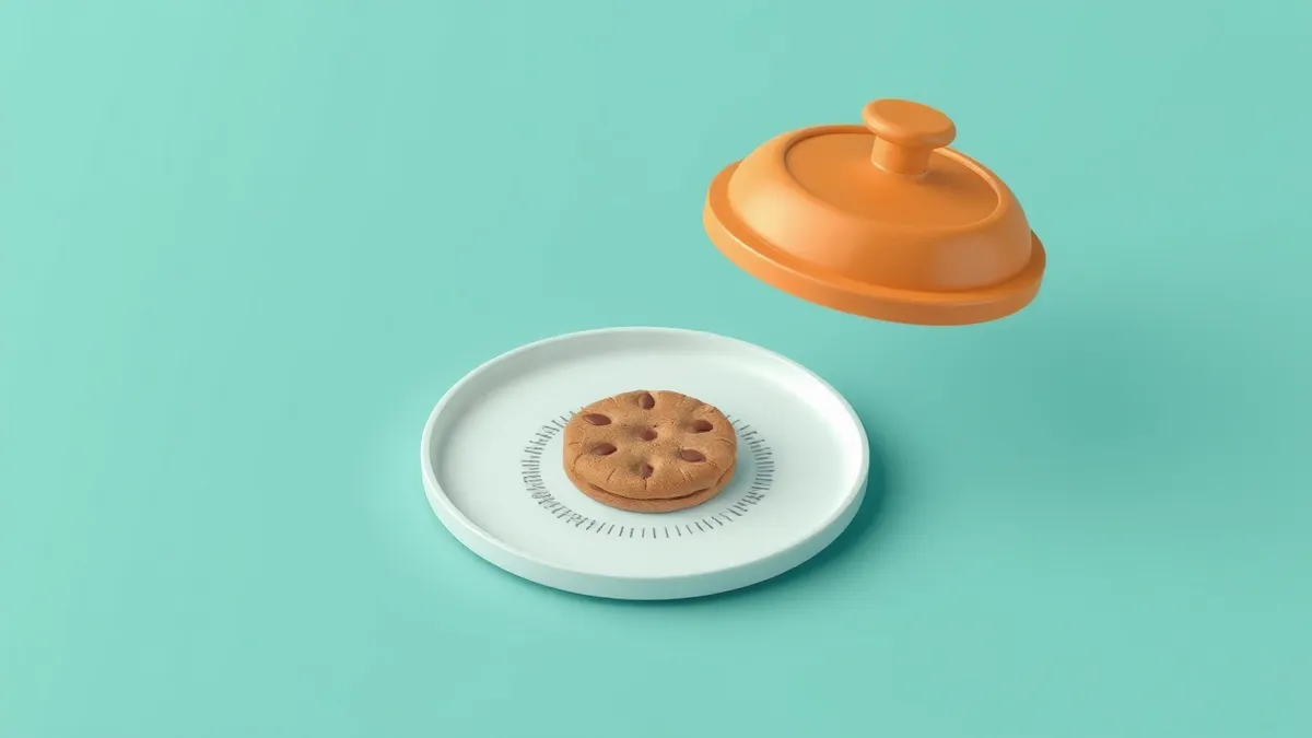 Illustration: A small round cookie rests on a blank digital plate, surrounded by faint dotted lines that form an intricate behavioral profile.