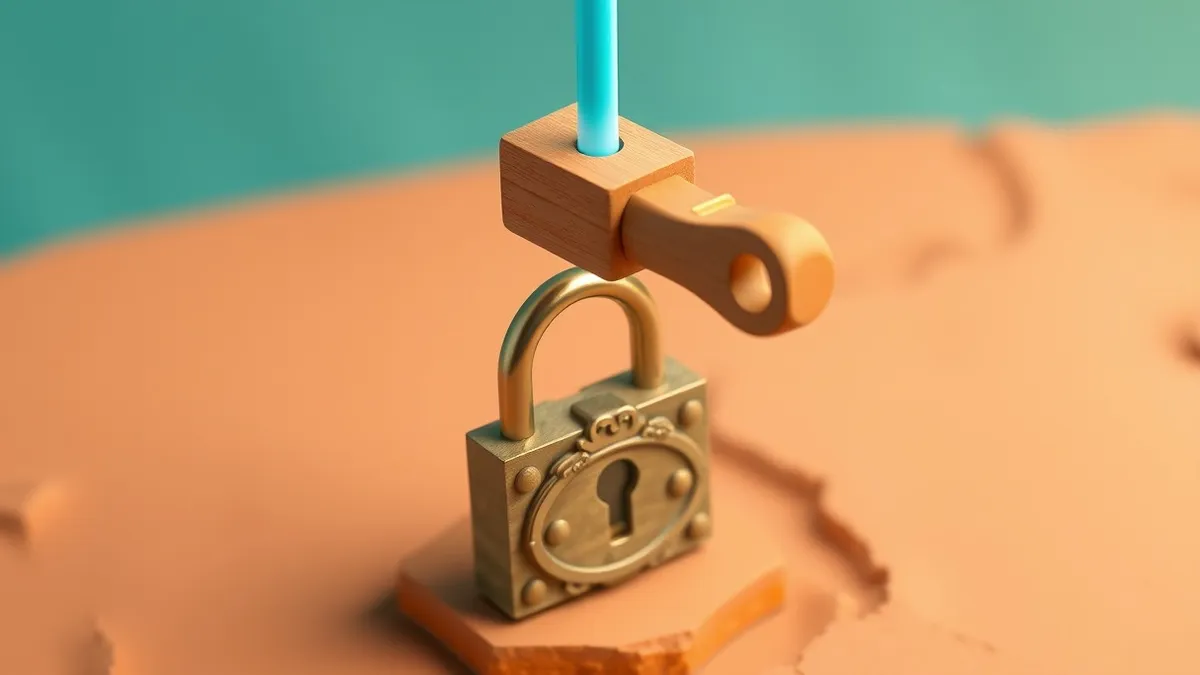 Illustration: A wooden key hangs suspended in mid-air, its shaft glowing with a soft blue light.