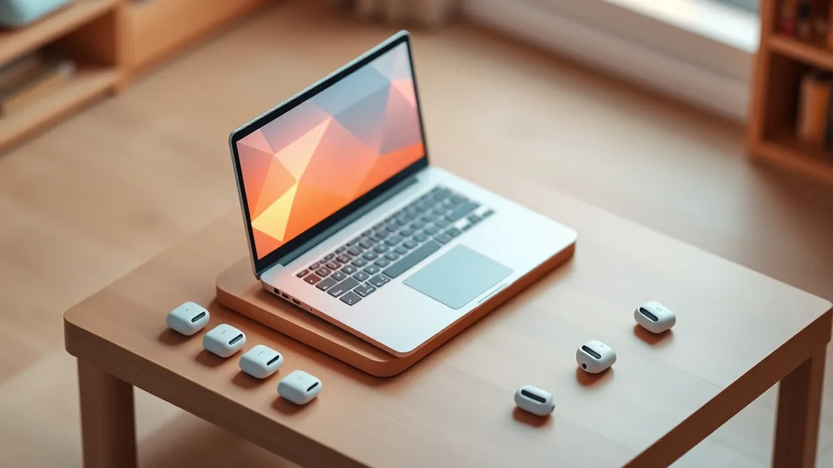 Illustration: A single sleek laptop rests on a modern wooden desk, its screen glowing with soft, abstract geometric patterns that suggest artificial intelligence processing.