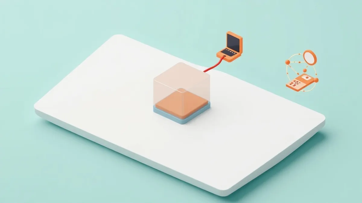 Illustration: A single transparent square sits centered on a plain white envelope.