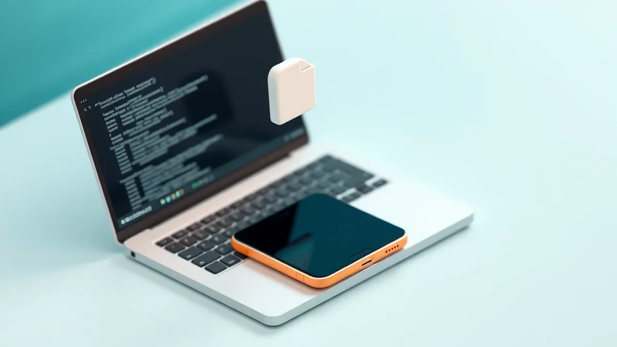 Illustration: A sleek smartphone rests on a clean desk beside an open laptop.