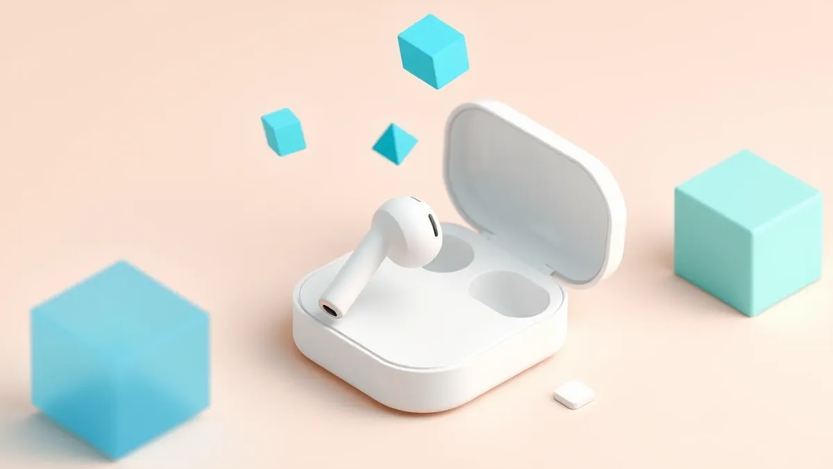 Illustration: A white wireless earbud rests on a clean surface beside its open charging case.