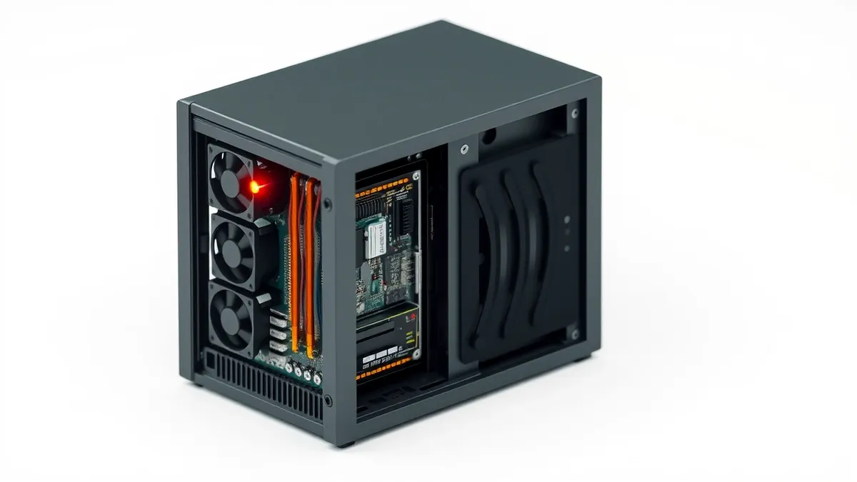 Illustration: A sleek black server box sits on a plain white desk with its side panel removed to reveal intricate circuit boards and cooling fans.