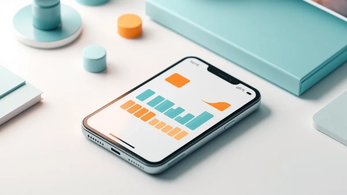 Illustration: A sleek, generic smartphone rests on a clean white desk, its screen displaying a blank digital interface with abstract horizontal bars and soft geometric shapes that