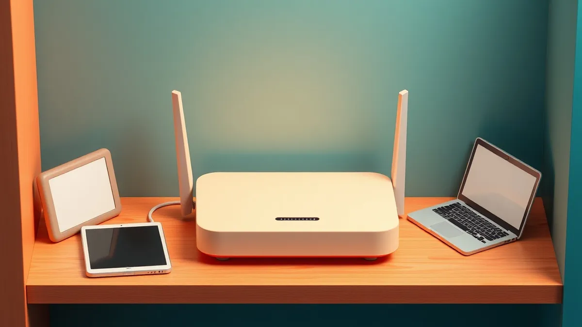 Illustration: A home router sits on a wooden shelf, its blank front panel facing forward.