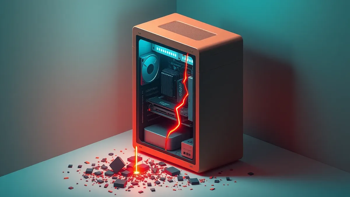 Illustration: A sleek desktop tower sits in a dim room, its glass side panel revealing intricate internal circuits.