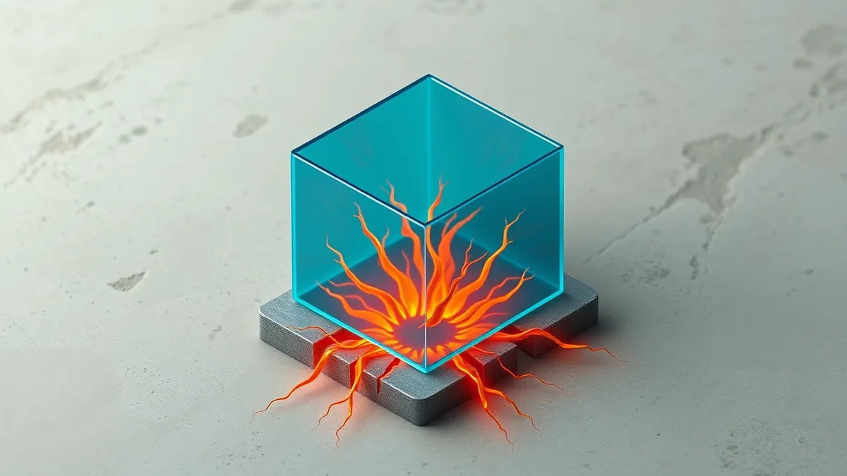 Illustration: A translucent blue glass box sits on a rough concrete floor, its base cracked open.