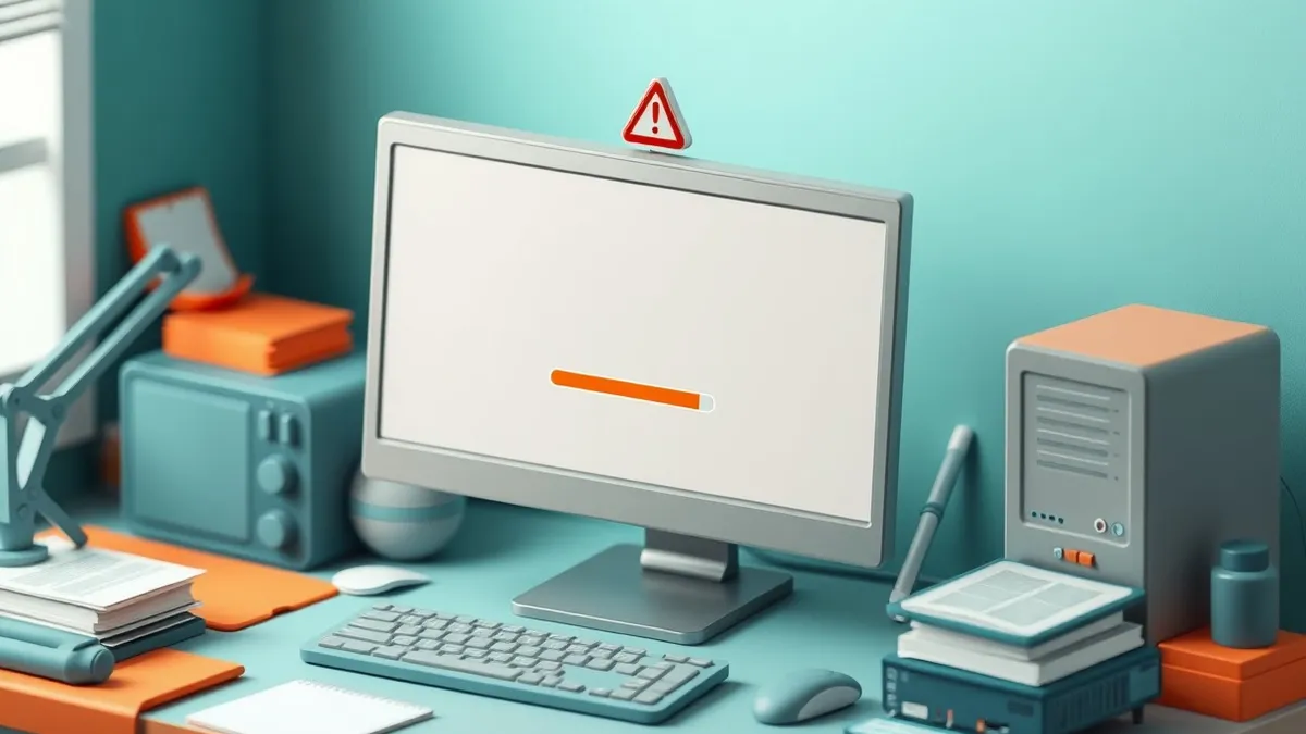 Illustration: A sleek desktop computer sits on a cluttered desk, its monitor displaying a blank, empty browser window with a single frozen progress bar stuck in the middle.