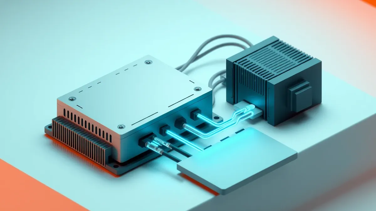 Illustration: A sleek silver quantum processor sits beside a dark gray security module, connected by thin fiber optic cables.