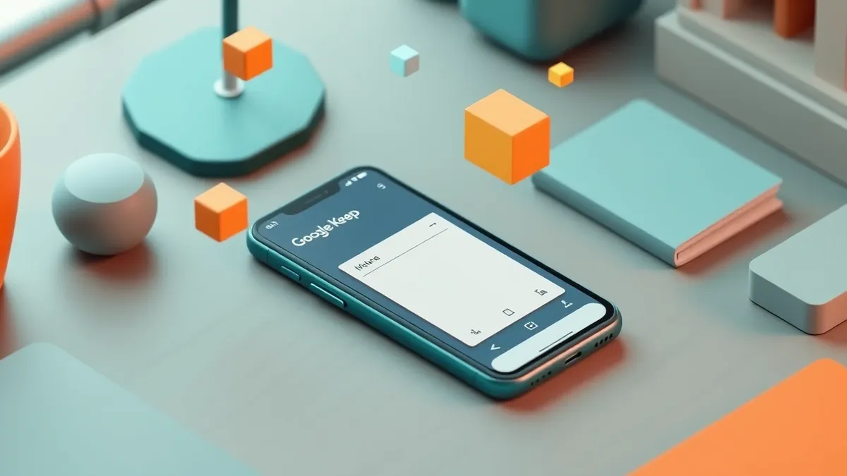 Illustration: A smartphone rests on a wooden desk, displaying the Google Keep interface with a blank note card.
