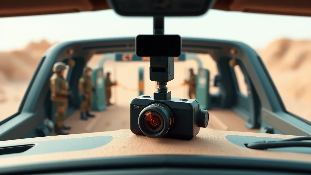 Illustration: A small black dashcam sits on a dusty windshield, its lens pointed toward a military checkpoint where soldiers hold up access cards.