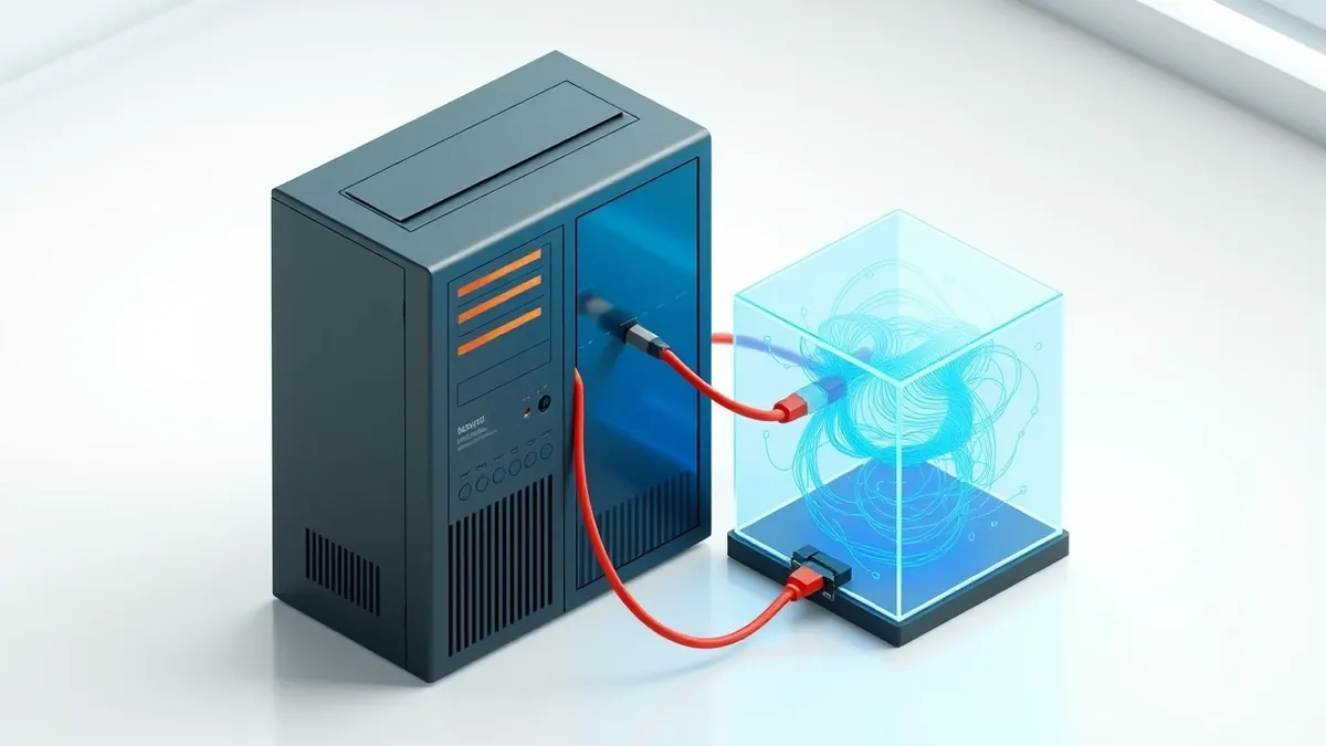 Illustration: A sleek black server tower sits beside a transparent glass cube containing swirling blue data streams.
