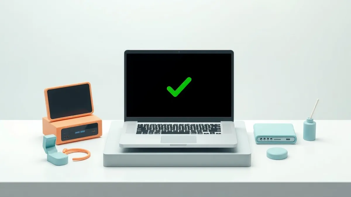 Illustration: A sleek silver laptop sits on a clean white desk, its screen displaying a single bright green checkmark centered on a black background, symbolizing the strict approva