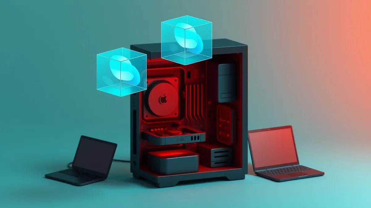 Illustration: A single desktop tower sits open to reveal its internal circuitry.