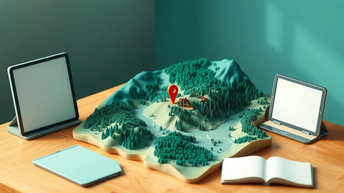 Illustration: A detailed topographic map of a rural valley sits on a wooden table, illuminated by soft morning light.