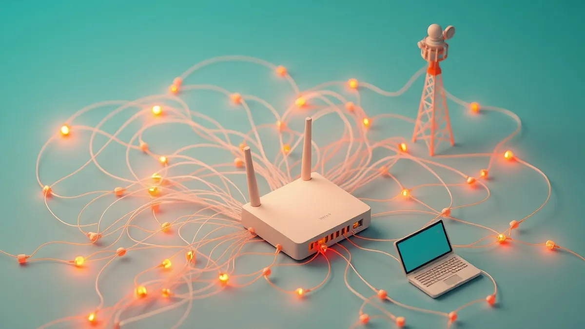 Illustration: A tangled web of translucent threads connects a home router to a distant observation tower.