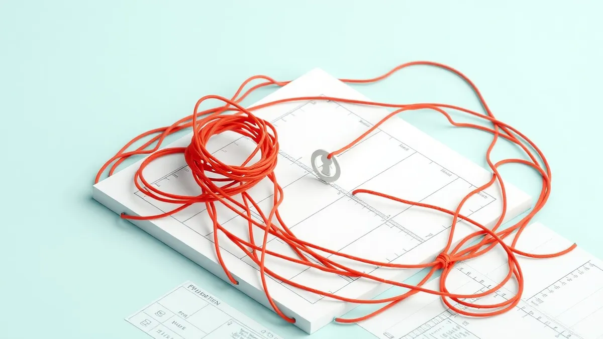Illustration: A tangled knot of red strings wraps around a clean white architectural blueprint.