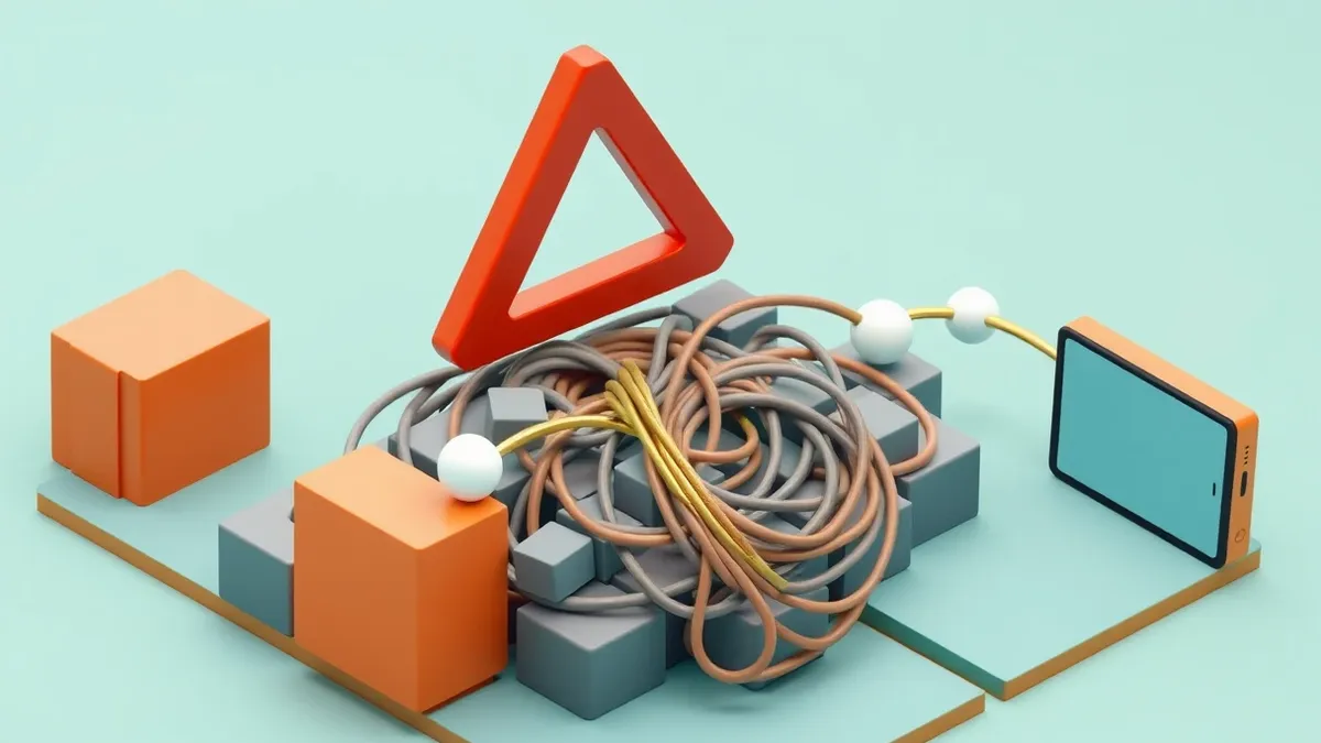 Illustration: A stylized red warning triangle hovers over a tangled knot of gray geometric blocks.