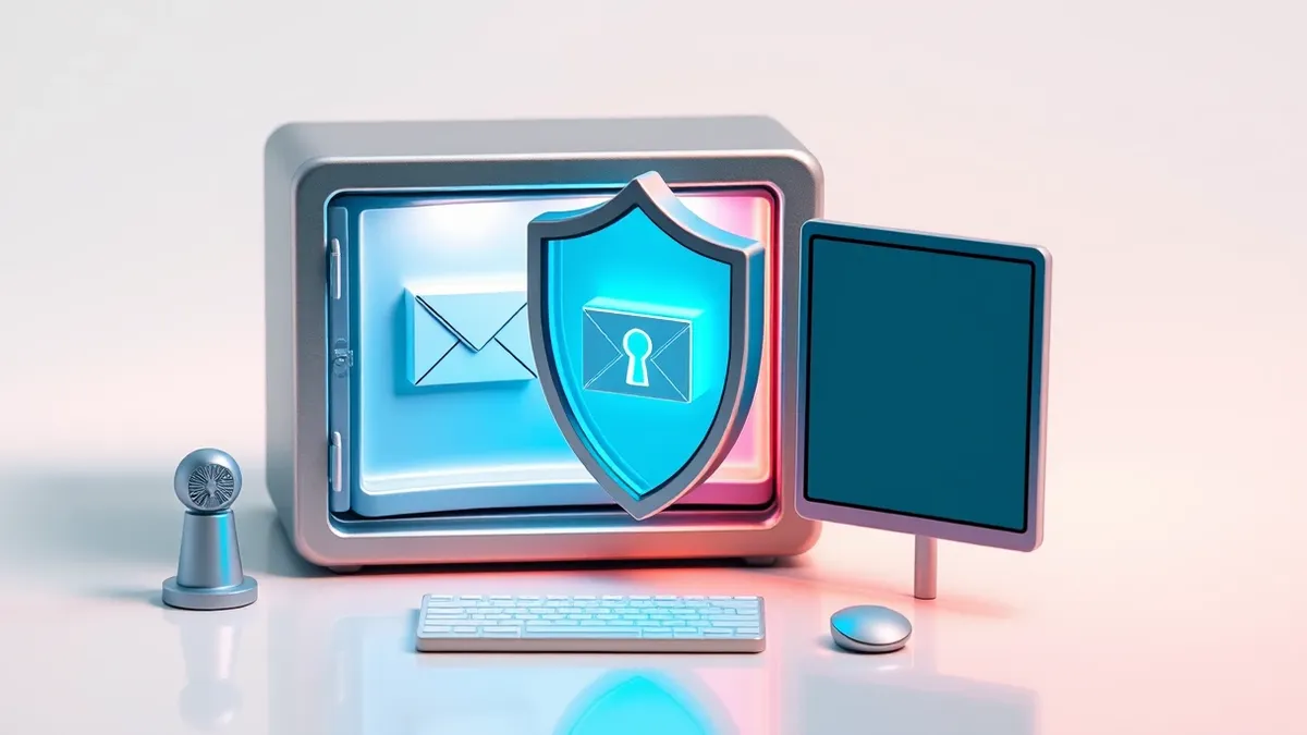 Illustration: A sleek silver security vault sits open on a polished desk, revealing two distinct digital interfaces merging into one seamless shield.