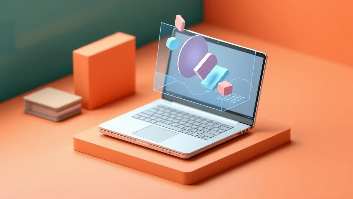 Illustration: A sleek silver laptop rests on a minimalist desk beside a holographic software interface displaying abstract geometric shapes.
