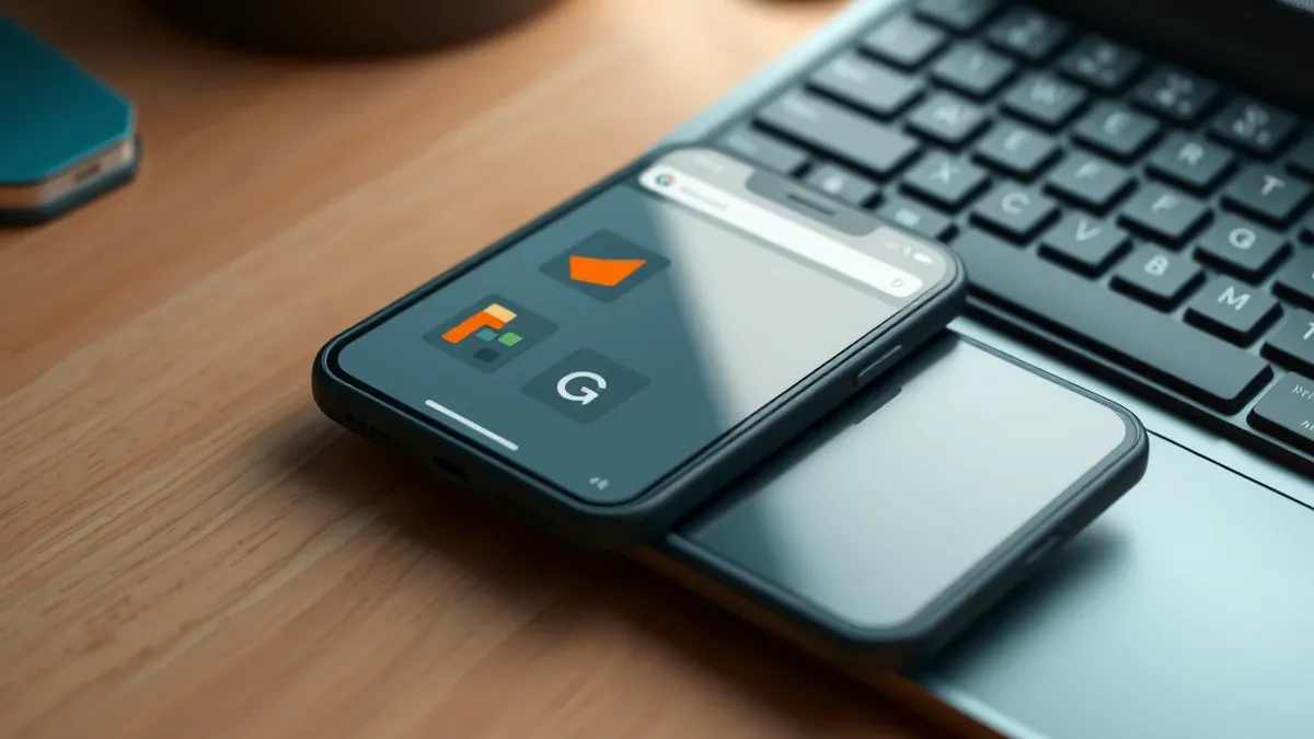 Illustration: A sleek black smartphone rests on a wooden desk next to a mechanical keyboard.